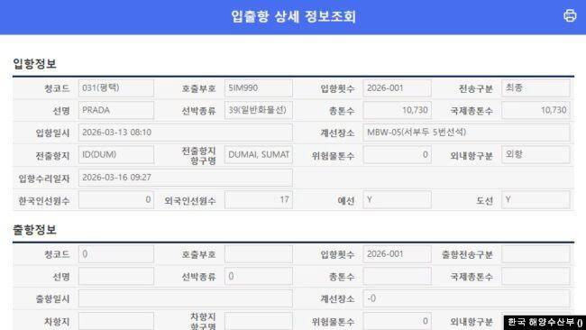 프라다호의 평택항 입항 기록./해양수산부