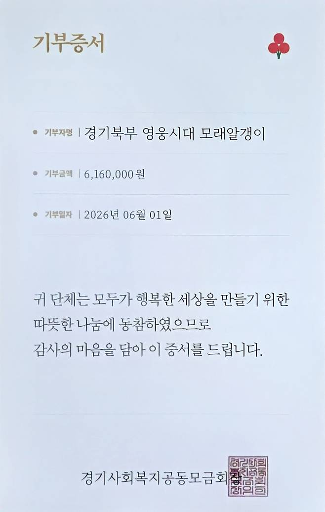 임영웅 팬클럽 '경기북부 영웅시대 모래알갱이', 생일·데뷔 10주년 기념 사랑의열매에 616만원 기부..'나눔리더스클럽' 가입
