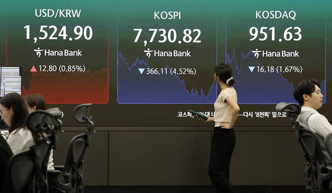 10일 오후 서울 중구 하나은행 딜링룸 전광판에 코스피 및 코스닥 지수가 표시되고 있다. (사진=뉴시스)