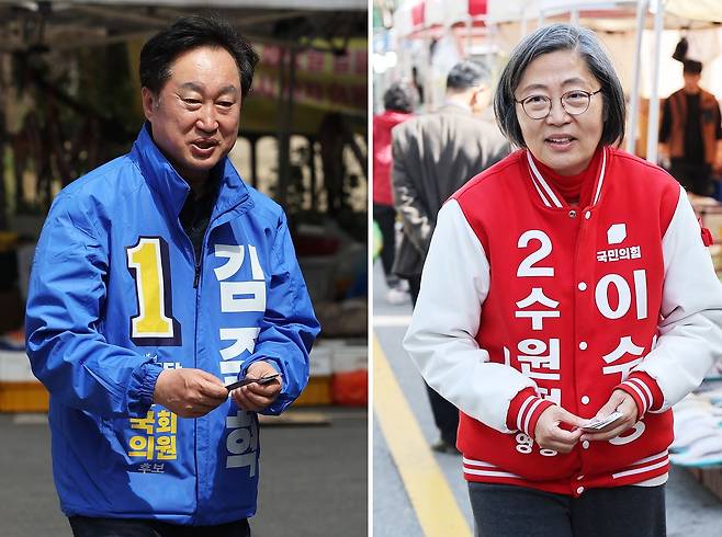 지난 2024년 4월 22대 국회의원선거 수원정에 출마한 더불어민주당 김준혁 후보와 국민의힘 이수정 후보가 경기도 수원시 영통구의 한 아파트 단지에서 시민들과 인사하고 있다. 연합뉴스