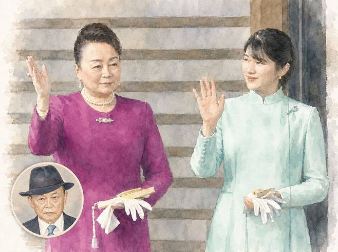 아이코 공주와 도모히토 친왕비 노부코(왼쪽)가 지난 1월 2일 황궁에서 열린 신년 행사에서 시민들을 향해 손을 흔드는 모습. 노부코 비는 아소 다로 자민당 부총재(왼쪽 하단)의 여동생이다. 실제 장면을 참고해 생성형 인공지능(AI)으로 제작한 일러스트.