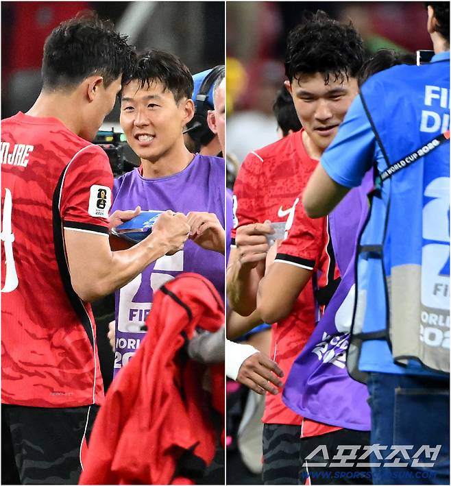 12일(한국시각) 멕시코 과달라하라 사포판의 에스타디오 과달라하라에서 열린 2026 북중미월드컵 대한민국과 체코의 경기. 대한민국이 2대1로 승리했다. 경기가 끝난 후 김민재가 손흥민에게 주장 완장을 건네주고 있다. 사포판(멕시코)=허상욱 기자wook@sportschosun.com/2026.06.12/