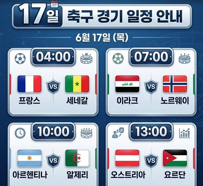2026 FIFA 북중미 월드컵 조별리그 16일 국가대표 일정·중계 방송사 채널 프랑스 대 세네갈 축구 경기, Ai생성