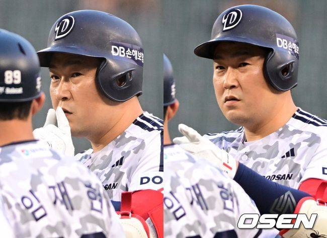 양의지가 곽빈의 '니가 좋아' 패러디를 패러디한 '곽빈 좋아' 세리머니를 하고 있다. 2026.06.16 /cej@osen.co.kr