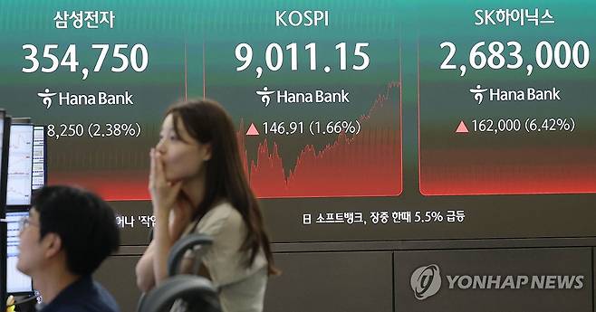 코스피 9000 돌파 (서울=연합뉴스) 한종찬 기자 = 코스피가 사상 처음으로 9000선을 돌파했다. 지난달 8000포인트에 도달한 지 약 한달 만이다. 18일 서울 중구 하나은행 딜링룸에서 딜러들이 업무를 보고 있다. 2026.6.18 saba@yna.co.kr
