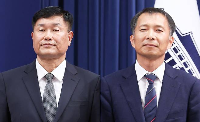 이재명 대통령은 21일 국국가안보실 제1차장과 3차장엔 강건작 미래국방전략위원회 위원과 송기호 안보실 경제안보비서관을 발탁했다. 사진은 이날 인선 발표 브리핑에서 참석한 강건작 국가안보실 제1차장, 송기호 국가안보실 제3차장. 뉴스1
