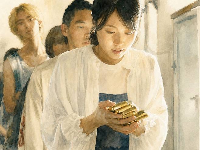 금 밀수 계획에 가담한 사람들이 줄을 서서 금괴를 받는 모습. 최근 개봉한 일본 영화 '매지컬 시크릿 투어'의 한 장면을 참고해 생성형 인공지능(AI)로 제작한 일러스트
