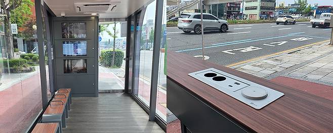 대전의 한 스마트 승강장 내부 모습. 다양한 편의시설이 설치돼 있지만 상당수 이용객은 승강장 내부보다 외부에서 버스를 기다리고 있다. (왼쪽)대전시 스마트 승강장 내부에 설치된 휴대전화 충전 시설. 스마트 승강장은 냉난방기와 정보안내판, 충전시설 등 다양한 편의 기능을 갖추고 있어 운영·유지관리 비용도 함께 발생한다. (오른쪽) 사진=조현재 기자