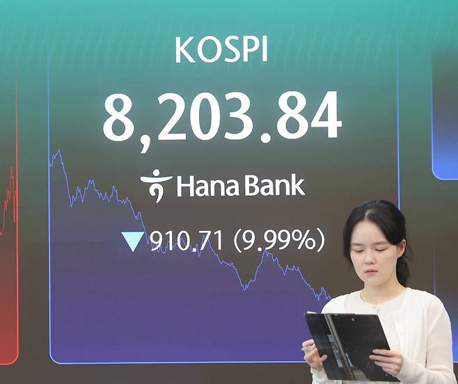23일 서울 중구 하나은행 딜링룸에 코스피 지수가 표시되어 있다. 이날 코스피가 9.99% 하락하면서 400억원가량이 반대매매로 처분됐다. ⓒ연합뉴스
