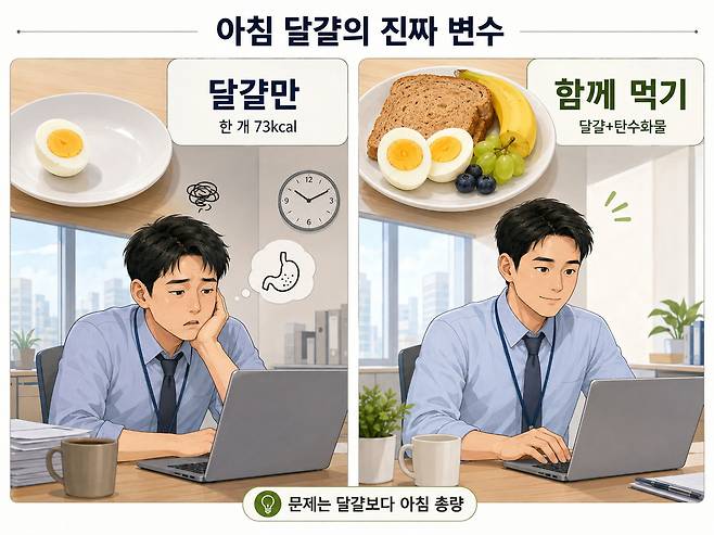 삶은 달걀에 통밀빵이나 과일을 곁들이면 단백질과 탄수화물을 함께 보충할 수 있다. 집중력 저하는 달걀보다 식사량과 수면 상태를 함께 살펴야 한다. ChatGPT 생성 이미지