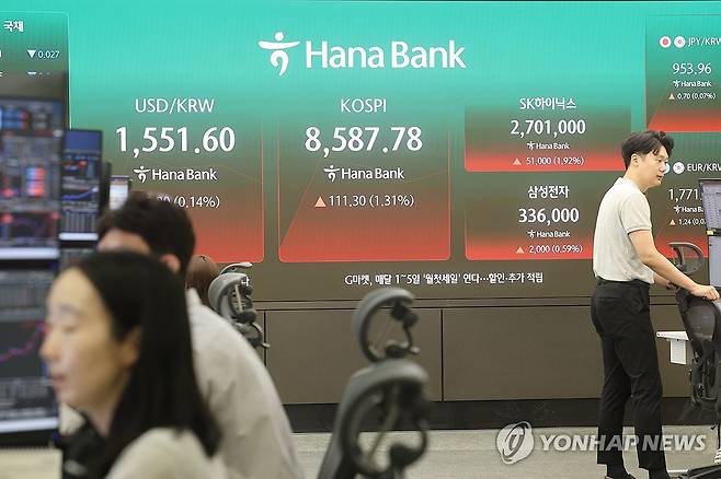 1%대 상승 출발한 코스피 (서울=연합뉴스) 박동주 기자 = 코스피가 1% 넘게 상승 출발한 1일 서울 중구 하나은행 딜링룸에서 직원이 업무를 보고 있다. 2026.7.1 pdj6635@yna.co.kr