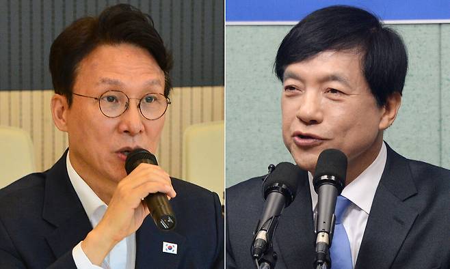 김민석 전 국무총리(왼쪽), 더불어민주당 이성윤 최고위원. 뉴시스