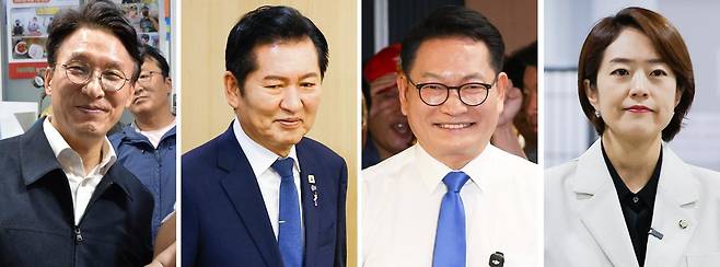 더불어민주당 당권 주자들. 왼쪽부터 김민석 전 국무총리, 정청래 전 대표, 송영길 의원, 고민정 의원. 이 가운데 정 전 대표만 당대표 선거 출마를 하지 않은 상태다. 뉴시스