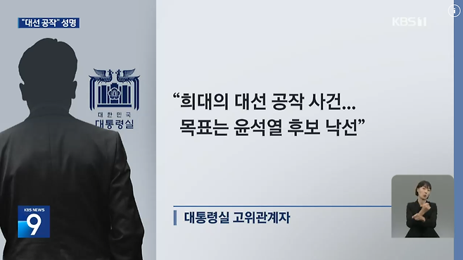 2023년 9월 5일 KBS 뉴스9 ‘대통령실 성명 “희대의 대선 공작” ... 방심위, 인용보도 긴급 심의’ 보도 화면 캡처