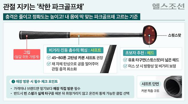 파크골프는 반복적인 스윙으로 어깨와 팔꿈치, 허리에 부담이 누적되는 운동이다./그래픽=김경아