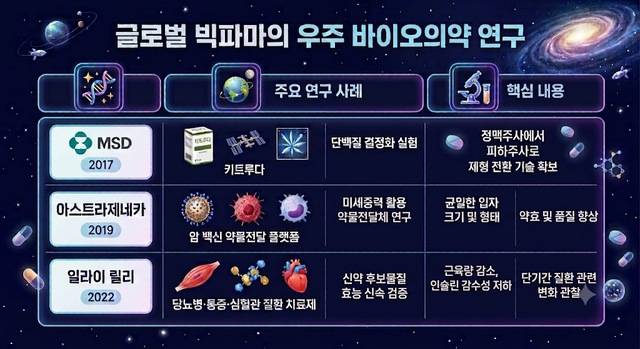 글로벌 빅파마 우주 바이오의약 연구 행보 요약표. (챗GPT 생성)
