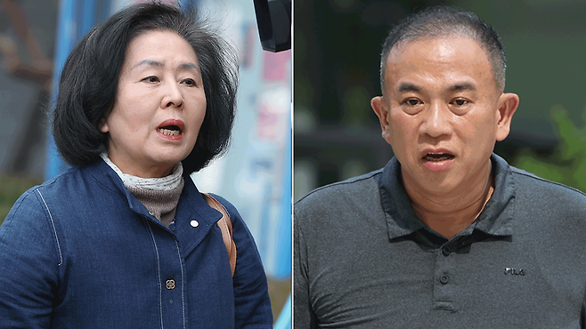 윤 전 대통령의 영향력 행사로 공천을 받은 의혹 대상인 김영선 전 의원(왼쪽), ‘정치 브로커’ 명태균씨(오른쪽)