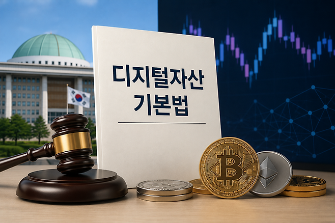 정부는 연내 디지털자산기본법 제정을 자신하지만, 업계는 핵심 쟁점과 국회 상황을 이유로 연내 통과를 낙관하기 어렵다고 보고 있다. 해당 이미지는 AI로 제작됨.