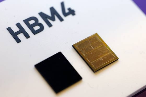 SK hynix's 12-layer HBM4 memory chips on display at the SK AI Summit in Seoul on Nov. 3, 2025. YONHAP