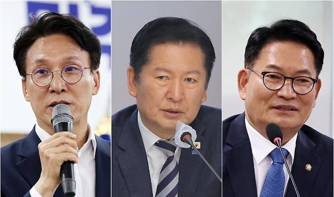김민석 전 국무총리(왼쪽부터), 정청래 전 더불어민주당 대표, 송영길 전 더불어민주당 대표. 연합뉴스