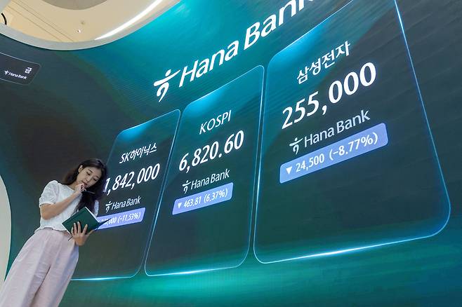 지난 16일 오후 서울 중구 하나은행 본점 딜링룸 전광판에 종가와 삼성전자, SK하이닉스 주가가 나오고 있다. /뉴스1