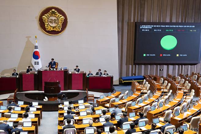 (서울=뉴스1) 유승관 기자 = 21일 서울 여의도 국회에서 열린 제437회 국회(임시회) 제1차 본회의에서 윤석열·김건희에 의한 내란·외환 및 국정농단 행위의 진상규명을 위한 특별검사 임명 등에 관한 법률 일부개정법률안(대안)이 재석 173인 중 찬성 173인으로 가결되고 있다. 2026.7.21/뉴스1 Copyright (C) 뉴스1. All rights reserved. 무단 전재 및 재배포, AI학습 이용 금지. /사진=(서울=뉴스1) 유승관 기자