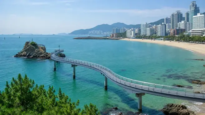 송도구름산책로와 거북섬을 잇는 8월 낮 바다 전경