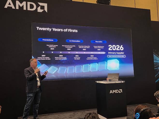 23일(현지시각) 미국 샌프란시스코 모스콘 웨스트에서 열린 AMD 어드밴싱 AI 2026 행사에서 바트 워커 삼성전자 반도체(DS) 부문 상무가 삼성과 AMD의 협업을 소개하고 있다. /황민규 기자