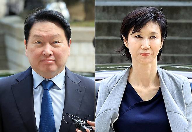 지난달 26일 최태원 SK그룹 회장(왼쪽)과 노소영 아트센터 나비 관장이 서울 서초구 서울고등법원에서 열린 파기환송심 2차 변론에 출석하고 있다. 뉴스1