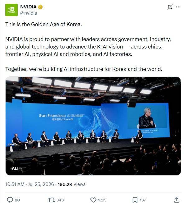 엔비디아는 공식 엑스(X) 계정을 통해서도 "지금은 한국의 황금기"라며 "함께 한국과 세계를 위한 AI 인프라를 구축해 나가자"고 제안했다. X 캡처