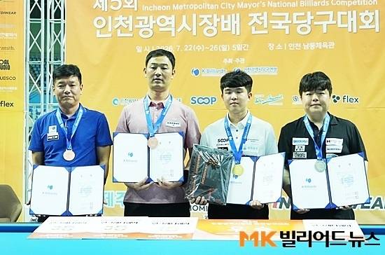 ‘제5회 인천광역시장배전국당구대회’ 남자3쿠션 입상자. (왼쪽부터) 공동3위 박수영, 최완영, 우승 김도현, 준우승 조명우.