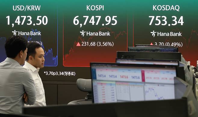 코스피가 반등에 성공하며 6747.95로 마감한 21일 서울 하나은행 본점 딜링룸에서 직원들이 증시와 환율을 모니터하고 있다. 연합뉴스