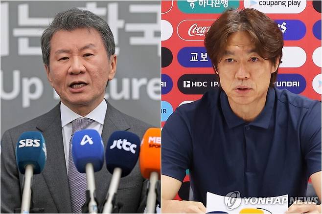 정몽규 전 대한축구협회장(왼쪽)과 홍명보 전 축구대표팀 감독 / 연합뉴스