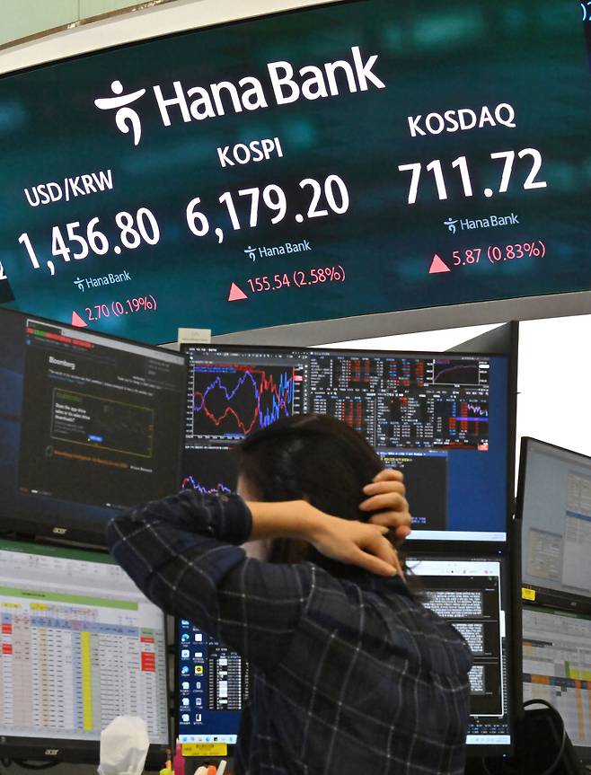 외국인의 한국 주식 투매 등 여러 악재가 동시다발적으로 작용하면서 코스피가 ‘잔인한 7월’을 보내고 있다. 29일 상승세로 출발했던 코스피 지수가 장중 5600선까지 밀린 가운데 서울 중구 하나은행 딜링룸 한 직원이 전광판을 바라보고 있다. 임세준 기자