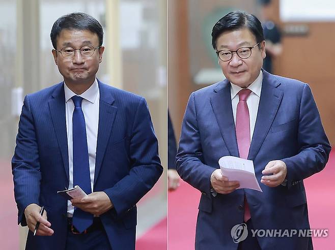합의 이르지 못한 여야 원내대표 (서울=연합뉴스) 신현우 기자 = 더불어민주당 한병도 대표 직무대행 겸 원내대표와 국민의힘 정점식 원내대표가 14일 국회의장실에서 조정식 국회의장 주재 원 구성 관련 원내대표 회동을 마친 뒤 각각 의장실에서 나오고 있다. 양당 원내대표는 취재진에 합의에 이르지 못했다고 전했다. 2026.7.14 nowwego@yna.co.kr