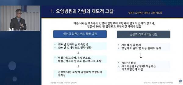 "요양병원 의료·간병 국내외 실태조사"를 발표하는 장석용 연세대학교 보건대학원·융합보건의료대학원 교수 / 보건복지부TV 유튜브 생중계 화면 갈무리