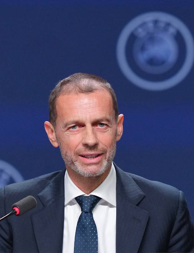 (FILES) UEFA president Aleksander Ceferin addresses a press conference at the 50th UEFA Ordinary Congress in Brussels on February 12, 2026. Somali referee Omar Artan, who was turned away from the United States on June 6, 2026 where he was due to officiate at the 2026 World Cup, will take charge of the UEFA Super Cup on 12 August between PSG and Aston Villa, UEFA announced on June 11, 2026. (Photo by Pau BARRENA / AFP)<저작권자(c) 연합뉴스, 무단 전재-재배포, AI 학습 및 활용 금지>
