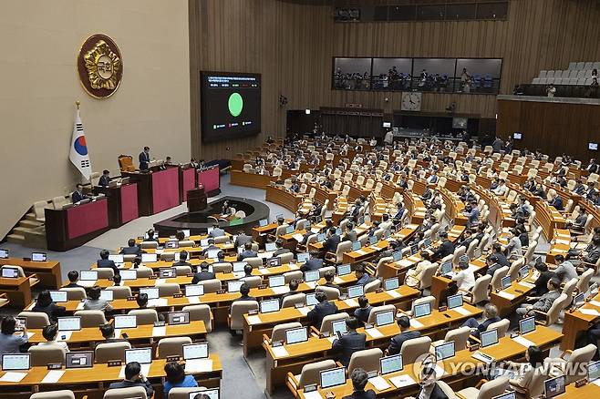 여야 합의로 선관위 특검법 본회의 통과 (서울=연합뉴스) 황광모 기자 = 30일 국회에서 열린 7월 임시국회 제3차 본회의에서 '제9회 전국동시지방선거 투표용지 부족 사태 등 국민참정권 침해 의혹 진상규명을 위한 특별검사의 임명 등에 관한 법률안'(선관위 특검법)이 통과되고 있다. 2026.7.30 hkmpooh@yna.co.kr
