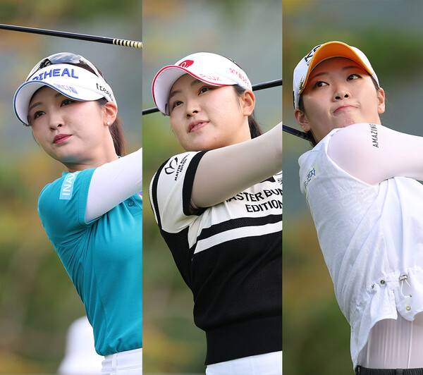 2026년 한국여자프로골프(KLPGA) 투어 오로라월드 챔피언십에 출전한 이예원, 유현조, 방신실 프로가 1라운드에서 경기하는 모습이다. 사진제공=KLPGA (사진을 무단으로 사용하지 마십시오.)