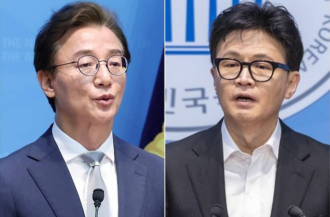 더불어민주당 전재수 부산시장과 무소속 한동훈 북갑 국회의원. 연합뉴스