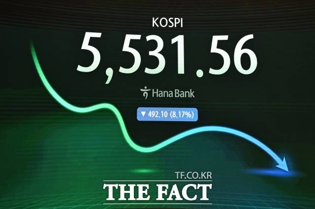 지난 달 29일 오후 서울 중구 하나은행 본점 딜링룸에 코스피 지수가 표시되고 있다. /송호영 기자
