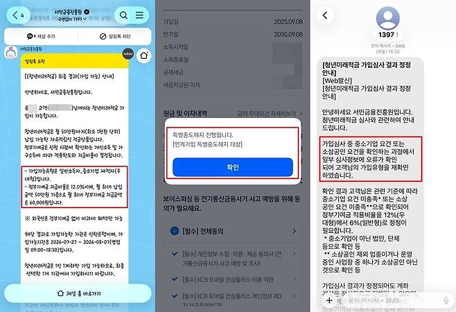 (왼쪽부터) 가입 신청자 윤모씨가 수신한 ‘우대형(12%)’ 승인 알림톡, 이에 따라 진행한 기존 청년도약계좌 연계가입 특별중도해지 화면, 하루 만에 전달받은 ‘일반형(6%)’ 정정 문자 메시지 캡처본.