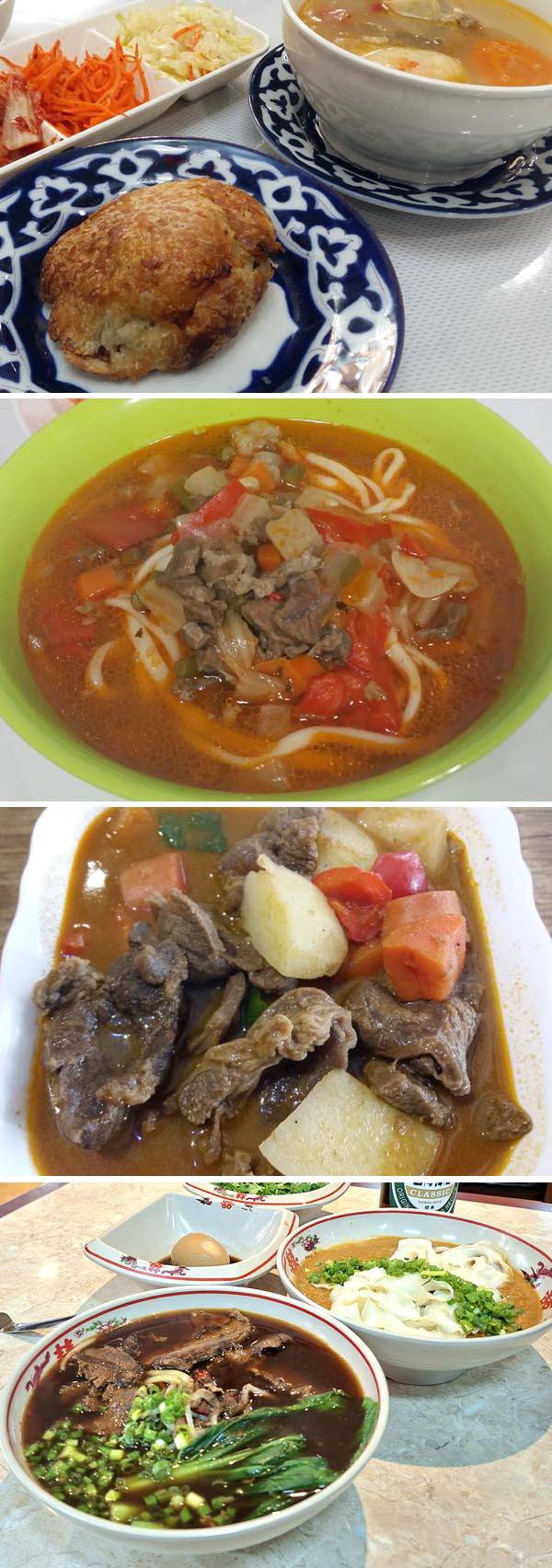 부산역 인근에서 맛볼 수 있는 세계 각국의 음식. 위 사진부터 러시아 일대의 삼사와 바라니나 수프, 중앙아시아의 면요리 라그만, 필리핀의 전통 음식 칼데레타, 대만의 우육탕면과 탄탄면.