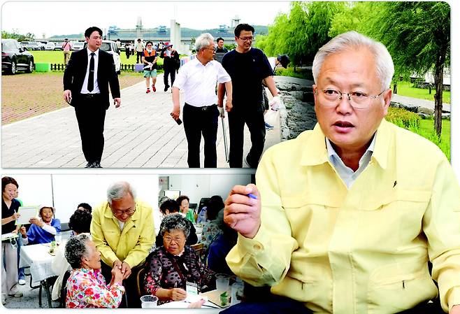 김정중 양양군수가 지역 주요 현안을 현장 점검하고 있다(사진 시계방향 순). 민선9기 양양군정 운영방향을 설명하는 김 군수.김 군수가 지역 어르신들을 만나 애로사항을 수렴하고 있다.