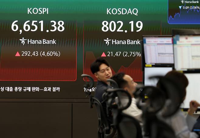 코스피 시장에 5 매수 사이드카가 발동됐다. 사진은 이날서울 중구 하나은행 딜링룸. /사진=뉴시스
