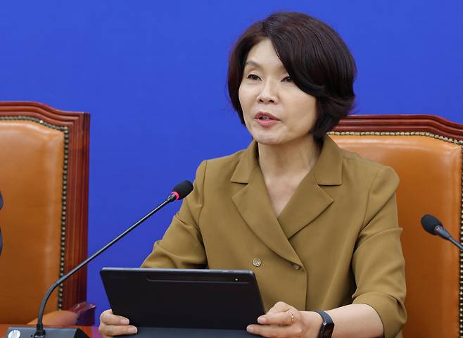 더불어민주당 한정애 정책위의장이 6일 서울 여의도 국회에서 열린 정책조정회의에서 발언하고 있다. /남강호 기자