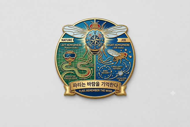 초파리가 냄새 기류의 경계를 따라 이동하며 방향 기억을 이용해 다시 냄새를 찾아가는 과정을 표현한 이미지. AI 생성 이미지