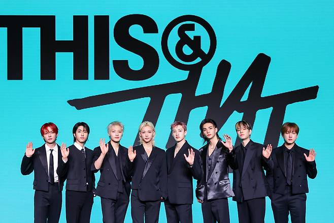 Stray Kids pose for a photo at a press conference for their 10th EP, "This & That," in Seoul, Thursday. (JYP Entertainment)