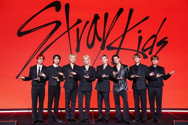 Stray Kids pose for a photo at a press conference for their 10th EP, "This & That," in Seoul, Thursday. (JYP Entertainment)