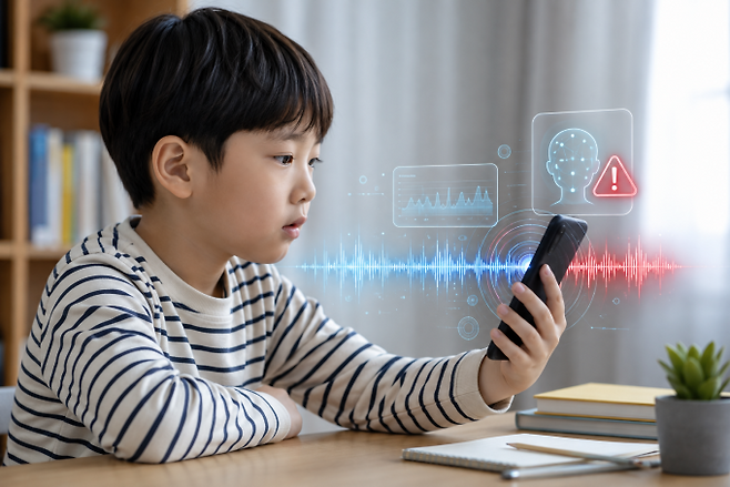 스마트폰의 인공지능(AI)이 음성을 실시간으로 분석해 딥보이스로 만든 가짜 목소리를 탐지하는 모습을 표현한 이미지. AI 생성 이미지.